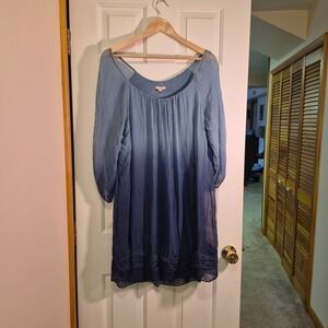 Giusy Made in Italy Blue Ombre 100% Silk Tunic Dress Womens Large Lagenlook Boho
